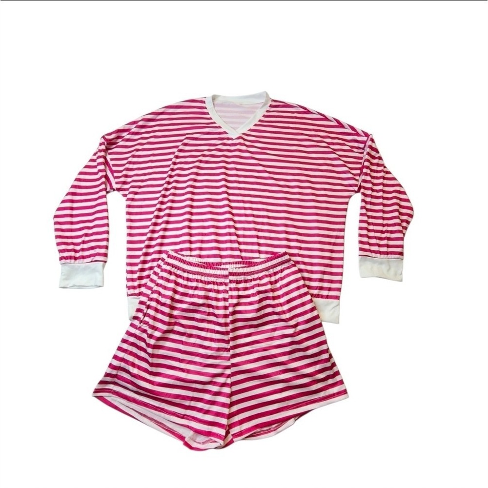 Women Striped Shirt V-neck Long Sleeve with Shorts Size M